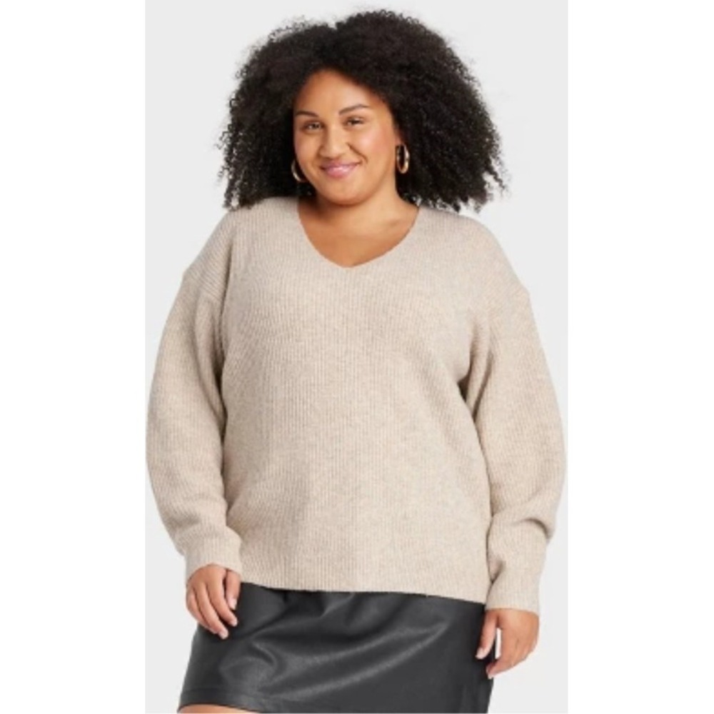 Ava & Viv V-Neck‎ Sweater Ribbed Knit Long Sleeve Relaxed Fit Beige 1X NWT